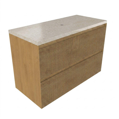 Saniclass Holz Atelier Ensemble de meubles de salle de bains - 100x45x63cm - Plan de travail en pierre naturelle travertin - sans trou de robinet - 2 tiroirs - chêne natural mat (bois)