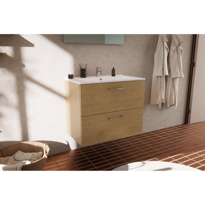 Nemo Go Ensemble de meuble - 80x65x45.5cm - 2 tiroirs - avec poignée - 1 vasque Blanc brillant - 1 trous de robinet - avec miroir - MDF riverside oak