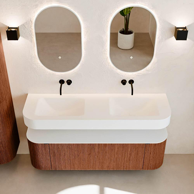 MONDIAZ THOR 150cm meuble de salle de bains arrondi gauche + droite couleur Ruby avec 1 tiroir et 2 portes. Vasque suspendue CLOUD Double sans trou de robinet couleur Talc.