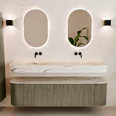 MONDIAZ THOR-DLUX 170cm badmeubel ronding links + rechts kleur Shadow met 1 lade en 2 deuren. Vrijhangende wastafel CLOUD Dubbel zonder kraangat kleur Nata.