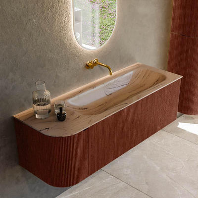 MONDIAZ KURVE-DLUX Meuble de salle de bains 135cm arrondi à gauche couleur Ruby avec 1 tiroir et 1 porte. Lavabo BIG MEDIUM à droite sans trou de robinet Arena.