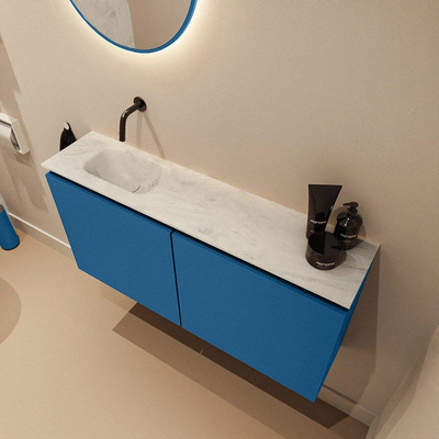 MONDIAZ TURE-DLUX Meuble toilette - 100cm - Jeans - EDEN - vasque Opalo - position gauche - sans trou de robinet