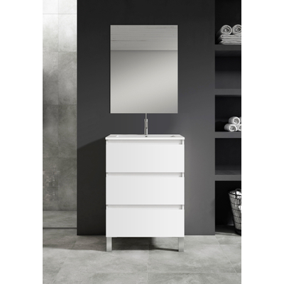 Adema Chaci PLUS Ensemble de meuble - 59.5x86x45.9cm - 1 vasque ovale en céramique Blanc - 1 trou de robinet - 3 tiroirs - miroir rectangulaire - Blanc mat