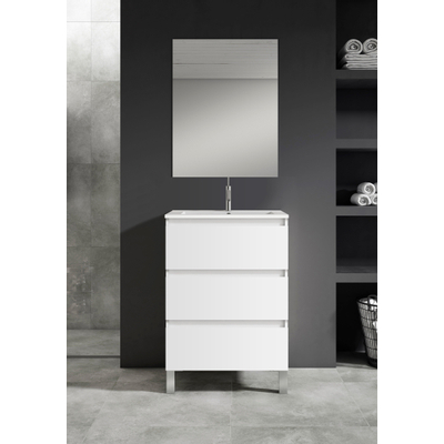 Saniclass Chaci PLUS Meuble de salle de bain - 60x86x46cm - lavabo en céramique blanc - 1 vasque - 1 trou de robinet - 3 tiroirs - miroir rectangulaire - blanc mat