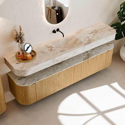 MONDIAZ THOR-DLUX 200cm meuble de salle de bains arrondi gauche + droite couleur Chêne avec 2 tiroirs et 2 portes. Vasque suspendue CLOUD Milieu sans trou de robinet couleur Frappe.