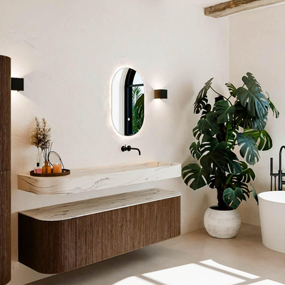 MONDIAZ THOR-DLUX 160cm meuble de salle de bains arrondi gauche + droite couleur Walnut avec 1 tiroir et 2 portes. Vasque suspendue CLOUD Droite sans trou de robinet couleur Nata.