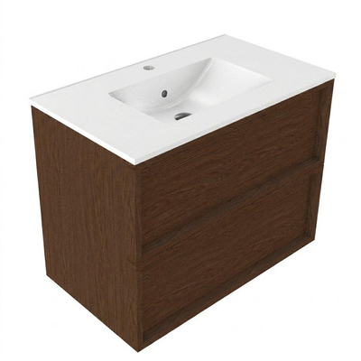 Saniclass Holz Frame Ensemble meuble de salle de bains - 80x45x62cm - lavabo Vygo en céramique blanc - 1 vasque - 1 trou de robinetterie - 2 tiroirs - noyer pur mat (bois)