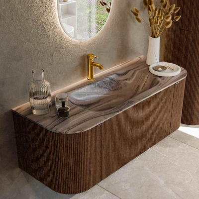 MONDIAZ KURVE-DLUX 120cm badmeubel ronding Links + Rechts kleur Walnut met 1 lade en 2 deuren. Wastafel BIG SMALL Midden 1 kraangat Sombra.