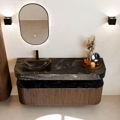 MONDIAZ THOR-DLUX 150cm badmeubel ronding links + rechts kleur Walnut met 1 lade en 2 deuren. Vrijhangende wastafel CLOUD Links 1 kraangat kleur Lava.