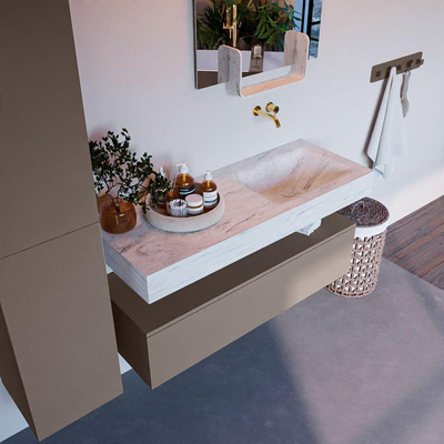 Mondiaz ALAN-DLUX Ensemble de meuble - 120cm - meuble Smoke mat - 1 tiroir - Lavabo Cloud Opalo suspendu - vasque Droite - 0 trous de robinet