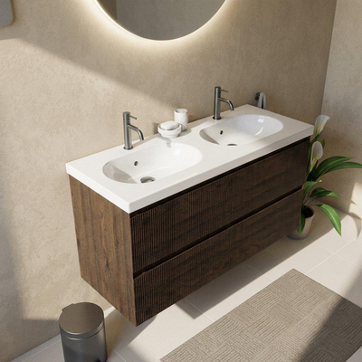 Saniclass Holz Atelier Ensemble meuble de salle de bains - 120x45x63.5cm - lavabo en céramique Palermo blanc - 2 vasques - 2 trous de robinetterie - 2 tiroirs - chêne charcoal mat (bois)