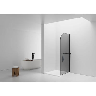 Aloni Paroi de douche - 100x200cm - coins arrondis - verre fumé - verre de sécurité - 6mm - porte-serviettes - noir mat
