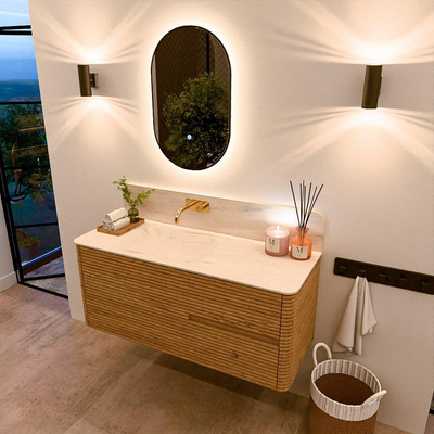 Mondiaz CIRO-DLUX Ensemble de meubles de salle de bains - 120x45x50cm - vasque en solid surface Meli - 1 lavabo à gauche - sans trous de robinet - 2 tiroirs - Chêne
