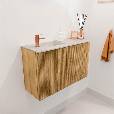Mondiaz JOYA-DLUX 71.6cm toiletmeubel - ronding rechts kleur Oak - Wastafel FAYE positie Links 1 kraangat kleur Ostra.