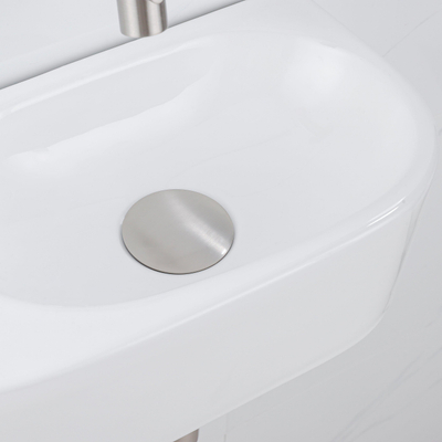 QeramiQ Fuente Fonteinset - 40x21.5x12cm - glad - halfrond - keramiek - fonteinkraan geborsteld rvs - afvoerplug - verlaagd sifon - wit glans