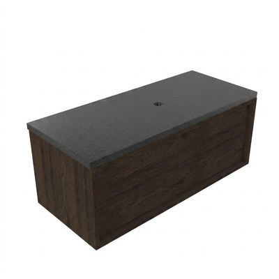 Saniclass Holz Frame Ensemble meuble de salle de bains - 100x45x43cm - plan vasque en basalte Noche poli (noir) - sans trou de robinetterie - 1 tiroir - chêne charcoal mat (bois)
