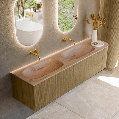 MONDIAZ KURVE-DLUX 175cm meuble de salle de bains avec arrondi à droite couleur Dusk avec 2 tiroirs et 1 porte. Lavabo STOR SMALL Double / Gauche sans trou de robinet Saba.