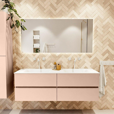 MONDIAZ VICA Ensemble meuble de salle de bains - 150cm - meuble bas rosee - 4 tiroirs - lavabo cloud double - 2 trous de robinet - version haute 60cm - talc