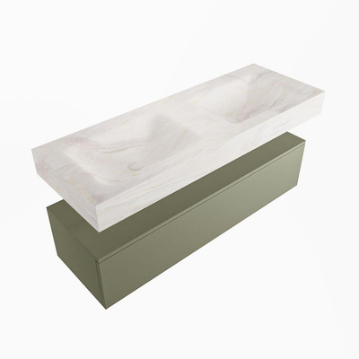 MONDIAZ ALAN - DLUX Ensemble de meuble de salle de bains - 130cm - sous-meuble - Army - 1 tiroir - lavabo suspendu - 2 vasques - 2 trous de robinet - Ostra