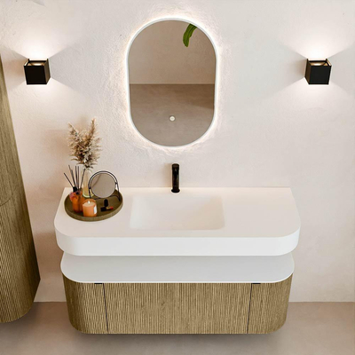 MONDIAZ THOR 130cm meuble de salle de bains arrondi gauche + droite couleur Dusk avec 1 tiroir et 2 portes. Vasque suspendue CLOUD Milieu 1 trou de robinet couleur Talc.