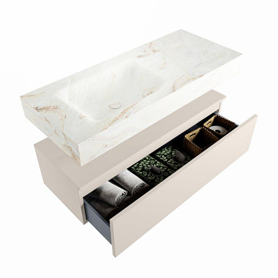 Mondiaz ALAN-DLUX Ensemble de meuble - 110cm - meuble Linen mat - 1 tiroir - Lavabo Cloud Frappe suspendu - vasque Gauche - 1 trou de robinet