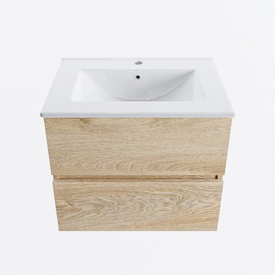 MONDIAZ VICA meuble sous lavabo 60cm Chêne Blanchi 2 tiroirs. Lavabo DENIA centre 1 trou de robinet, couleur Blanc Brillant.