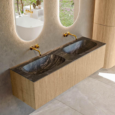 MONDIAZ KURVE-DLUX Meuble de salle de bains 150cm couleur Oak avec 2 tiroirs. Lavabo STOR SMALL double sans trou de robinet couleur Lava.