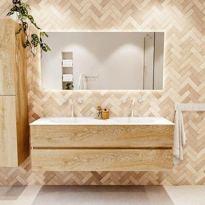 MONDIAZ VICA meuble sous lavabo 150cm Chêne blanchi 2 tiroirs. Lavabo MOON double 2 trous de robinet, couleur Talc.