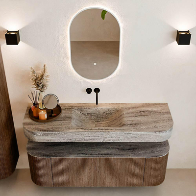 MONDIAZ THOR-DLUX 140cm badmeubel ronding links + rechts kleur Walnut met 1 lade en 2 deuren. Vrijhangende wastafel CLOUD Midden zonder kraangat kleur Oza.
