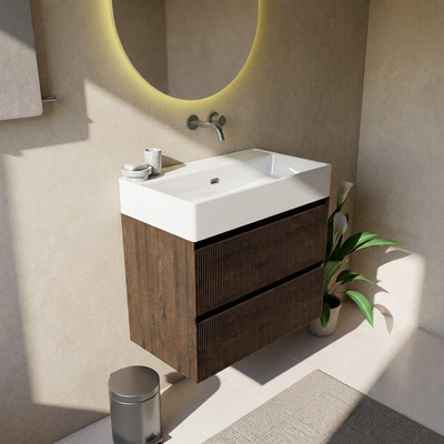 Saniclass Holz Atelier Ensemble meuble de salle de bains - 80x45x72cm - lavabo Legend en céramique blanc - 1 vasque - sans trou de robinet - 2 tiroirs - chêne charcoal mat (bois)