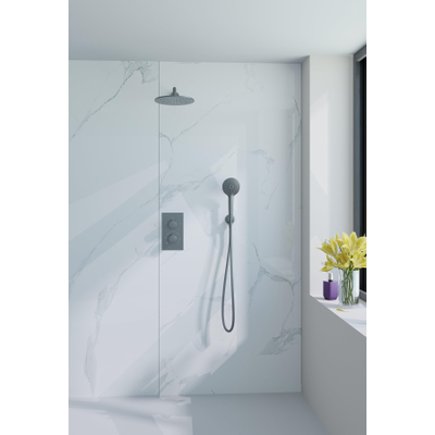 Fortifura Calvi Inbouw Regendoucheset - thermostatisch - wandarm - 25cm - hoofddouche - ronde handdouche - gladde doucheslang - PVD - geborsteld gunmetal (antraciet)