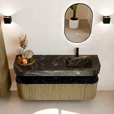 MONDIAZ THOR-DLUX 150cm meuble de salle de bains arrondi gauche + droite couleur Dusk avec 1 tiroir et 2 portes. Vasque suspendue CLOUD Droite 1 trou de robinet couleur Lava.