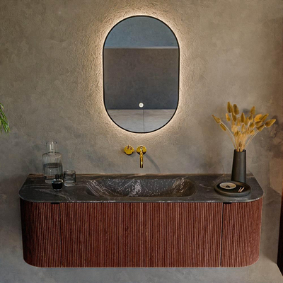 Ensemble de meuble de salle de bain Mondiaz KURVE-DLUX - 140x46x40cm - 1 tiroir - 2 portes - lavabo en solid surface - milieu - sans trou de robinet - Ruby