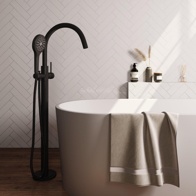 BRAUER Black Edition Staande Badkraan - handdouche rond 3 standen - 2 gladde knoppen - inclusief inbouwdeel - PVD - mat zwart