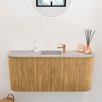 Mondiaz JOYA-DLUX 93.2cm toiletmeubel - ronding links en rechts kleur Oak - Wastafel FAYE positie Midden 1 kraangat kleur Glace.