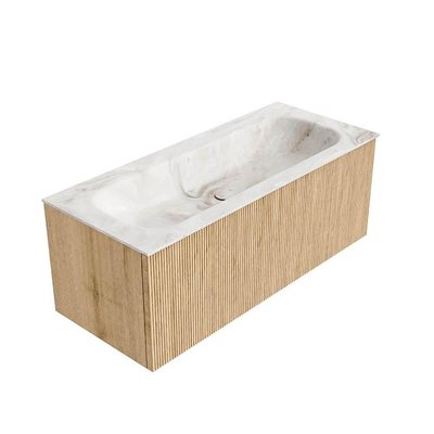 MONDIAZ KURVE-DLUX 110cm badmeubel kleur Oak met 1 lade. Wastafel BIG MEDIUM midden 1 kraangat kleur Frappe.