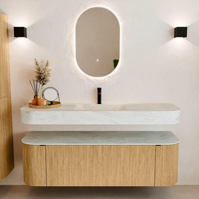 MONDIAZ THOR-DLUX 150cm badmeubel ronding links + rechts kleur Oak met 1 lade en 2 deuren. Vrijhangende wastafel CLOUD Midden 1 kraangat kleur Opalo.