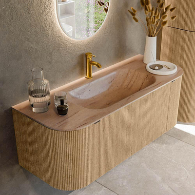 MONDIAZ KURVE-DLUX 120cm badmeubel ronding Links + Rechts kleur Oak met 1 lade en 2 deuren. Wastafel BIG SMALL Midden 1 kraangat Saba.