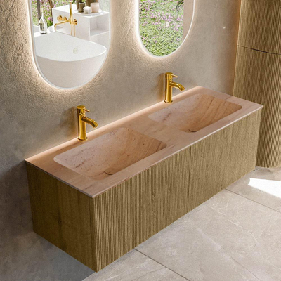 MONDIAZ KURVE-DLUX 130cm badmeubel kleur Dusk met 2 lades en 0 deuren. Wastafel LEAF Dubbel 2 kraangaten Saba.