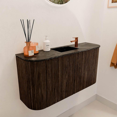Mondiaz JOYA-DLUX 83.2cm toiletmeubel - ronding links en rechts kleur Walnut - Wastafel FAYE positie Midden 1 kraangat kleur Lava.