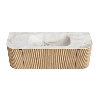 MONDIAZ KURVE-DLUX Meuble de salle de bains 130 cm avec module 25 Len R couleur Chêne avec 1 tiroir et 2 portes. Plan-vasque BIG SMALL central 1 trou de robinet couleur Frappe.