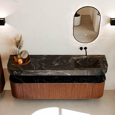 MONDIAZ THOR-DLUX 180cm meuble de salle de bains arrondi gauche + droite couleur Ruby avec 2 tiroirs et 2 portes. Vasque suspendue CLOUD Droite sans trou de robinet couleur Lava.