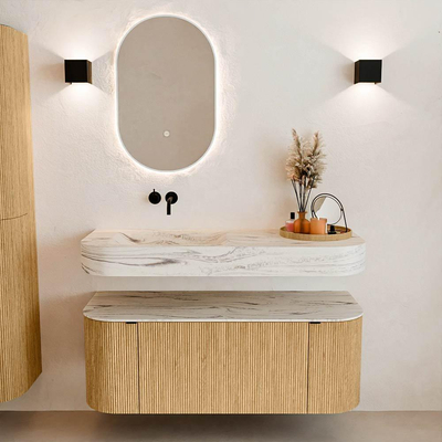 MONDIAZ THOR-DLUX 120cm badmeubel ronding links + rechts kleur Oak met 1 lade en 2 deuren. Vrijhangende wastafel CLOUD Links zonder kraangat kleur Nata.