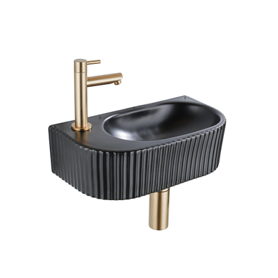 QeramiQ Fuente Ensemble de lavabo - 40x21.5x12cm - gauche - strié - demi-rond - 1 trou de robinet - céramique - robinet de lave-mains en laiton brossé - bonde - siphon abaissé - noir mat