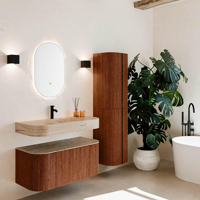 MONDIAZ THOR-DLUX 100cm meuble de salle de bains arrondi gauche + droite couleur Ruby avec 1 tiroir et 2 portes. Vasque suspendue CLOUD Milieu 1 trou de robinet couleur Arena.