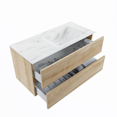 MONDIAZ VICA-DLUX Ensemble meuble de salle de bains - 100cm - sous-meuble chêne blanchi - 2 tiroirs - lavabo encastré cloud à droite - 1 trou de robinet - version haute 60cm - opalo