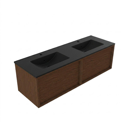 Saniclass Holz Frame Ensemble meuble de salle de bains - 140x45x42cm - lavabo Vygo en céramique noir - 2 vasques - 2 trous de robinetterie - 2 tiroirs - mat walnut pure (bois)