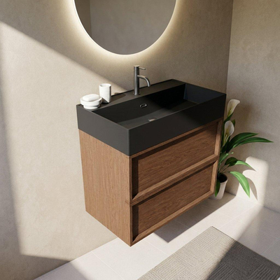 Ensemble meuble de salle de bains Saniclass Holz Frame - 80x45x72cm - lavabo Legend en céramique noir mat - 1 vasque - 1 trou de robinetterie - 2 tiroirs - noyer pure mat (bois)