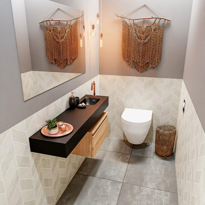 MONDIAZ ANDOR Toiletmeubel 120x30x30cm met 1 kraangaten 1 lades washed oak mat Wastafel Lex rechts Solid Surface Zwart