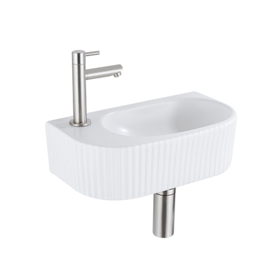 QeramiQ Fuente fonteinset – 40x21.5x12 cm – keramiek wit mat – kraangat links – kraan geborsteld RVS – geribbeld